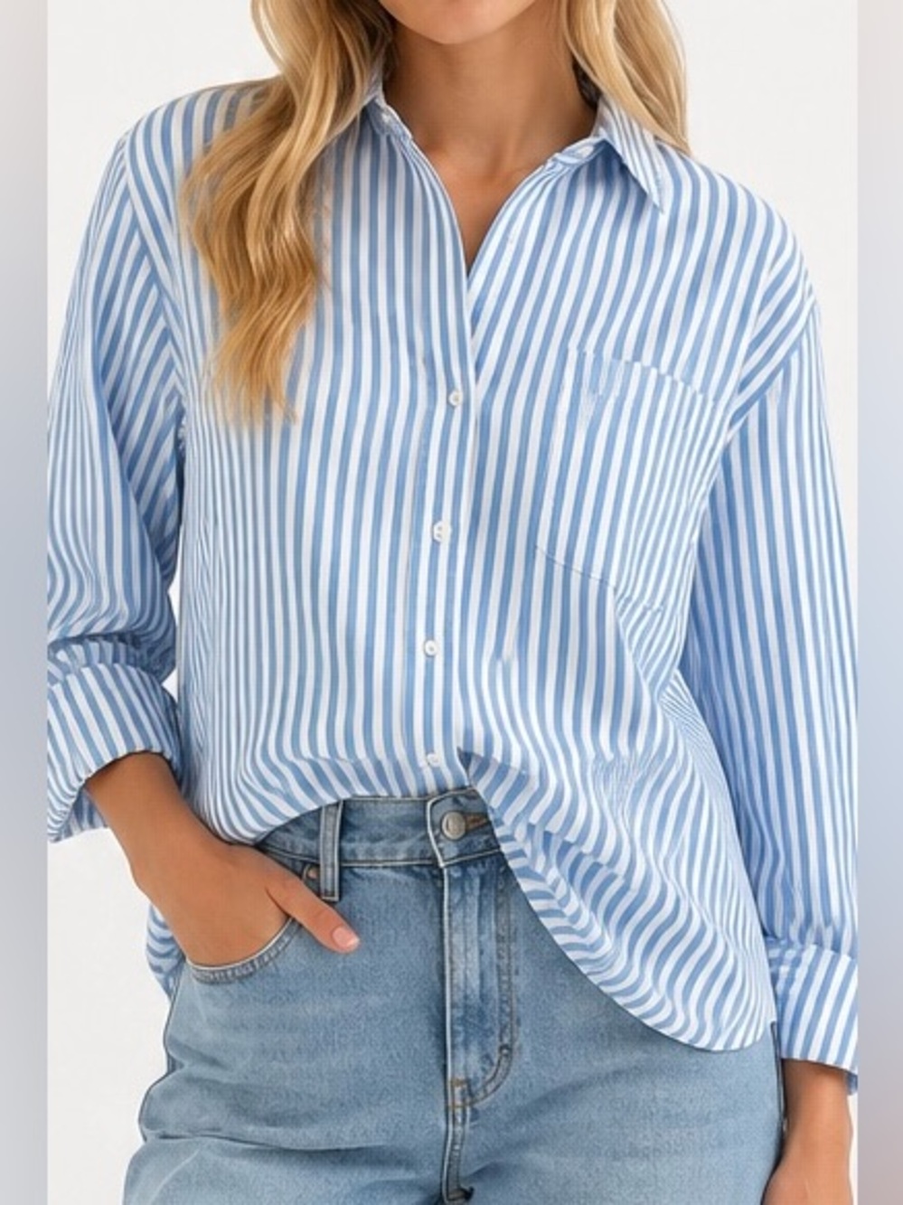 Aerie Long Sleeve Dad Shirt Blue Striped Button Down Medium Coastal Prep
